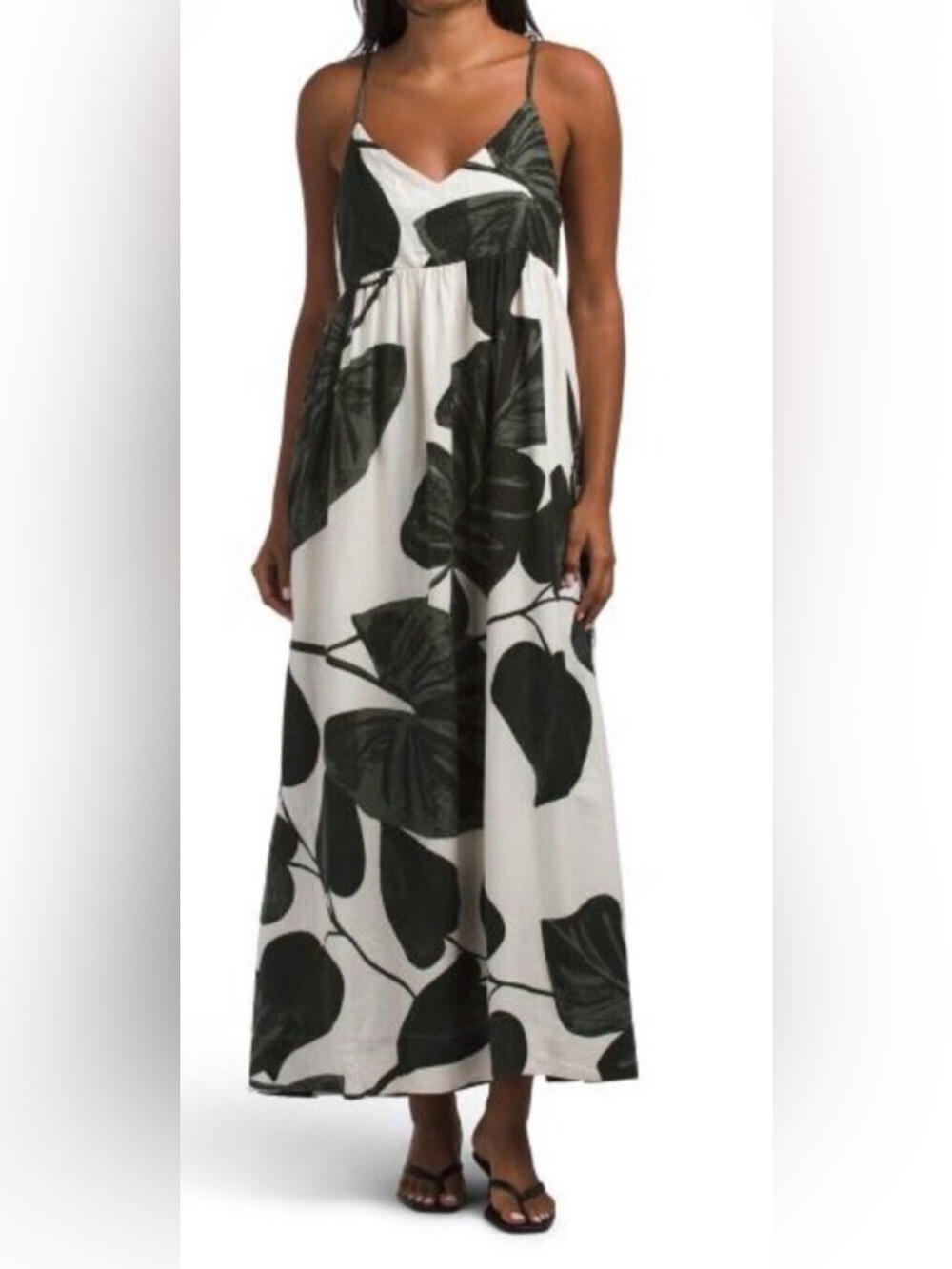 C&C California Cream Maxi Dress with Dark Green Leaf Print